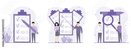 Checklist illustration set. The characters stand next to a checklist that helps them correctly perform any task or action with maximum efficiency. Сhecklist  concept. Vector illustration.