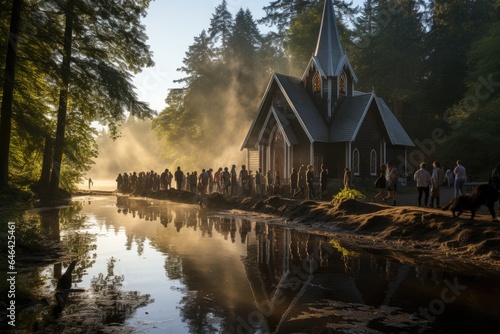 Serene Scene: faithful in worship in a historic church on the edge of a river., generative IA photo