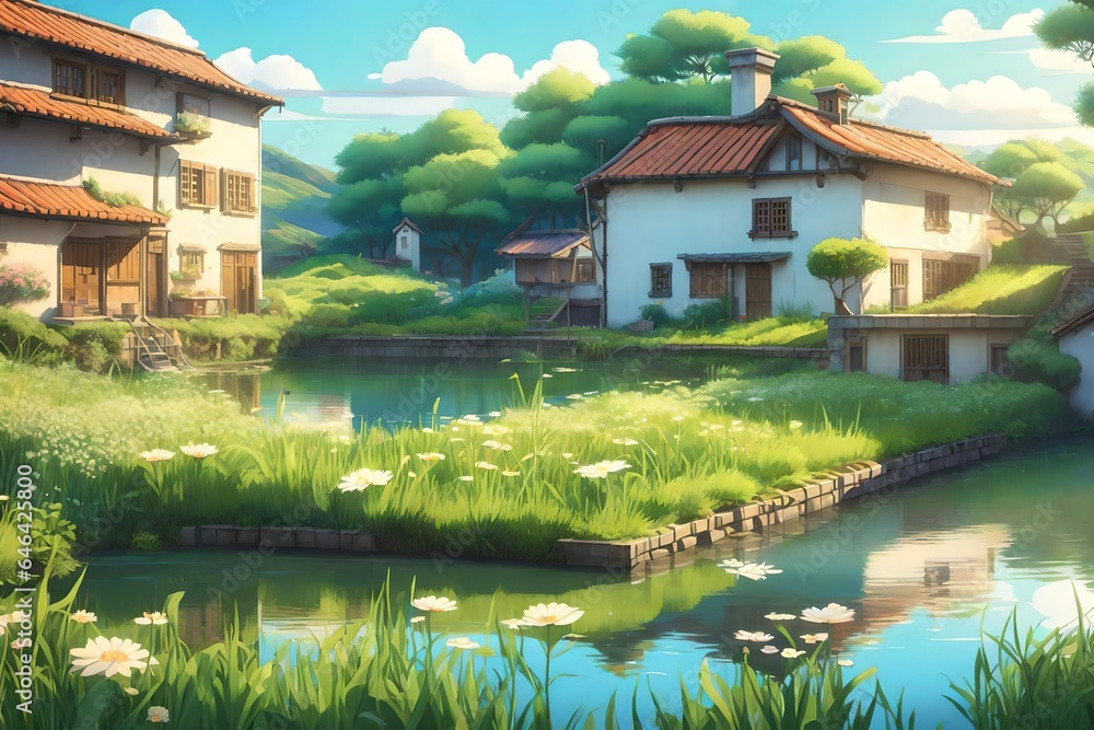 anime landscape, irrigation canal with small houses on the bank - AI Generative