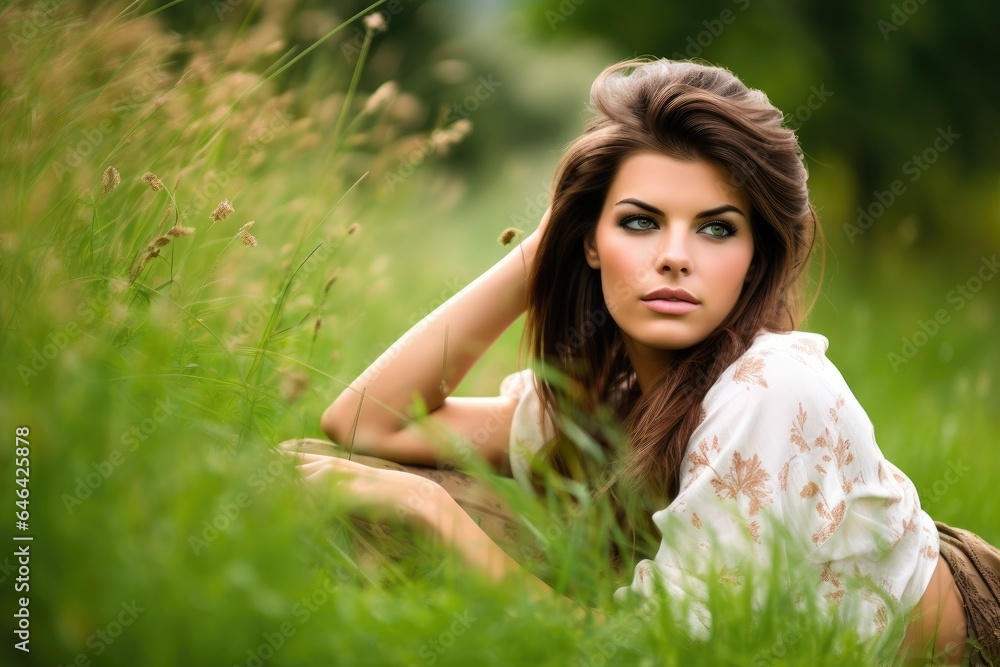 a charming brunette model sitting on the grass in a meadow with copyspace a charming brunette model sitting on the grass in a meadow with copyspace