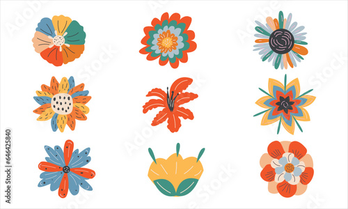 Groovy retro flowers daisy set. Hippie psychedelic stickers in 1970 style. Vector Disco flowers isolated on white background