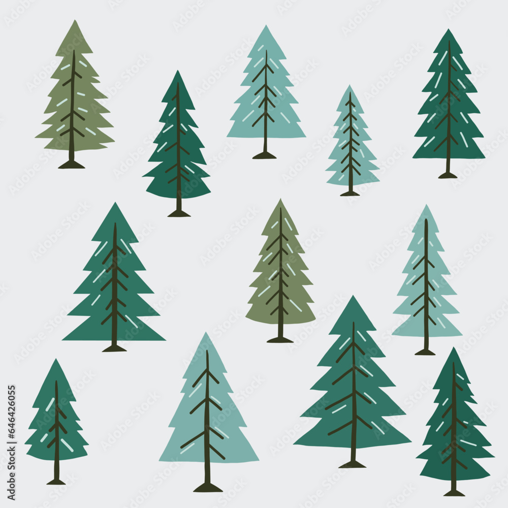 Pine trees freehand drawing flat design.