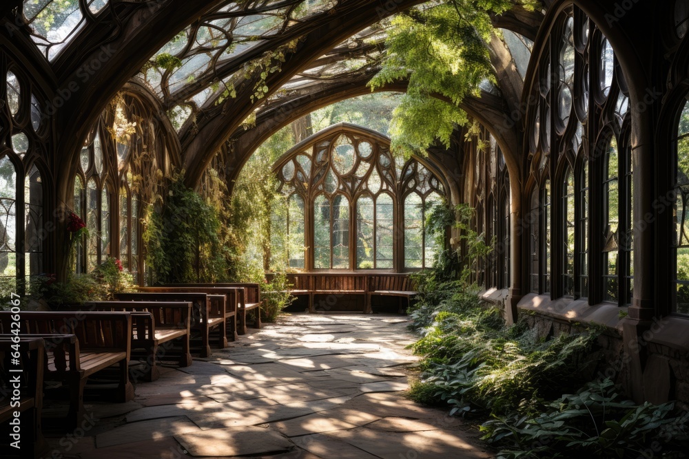 Faithful in communion in the serenity of a chapel surrounded by nature., generative IA