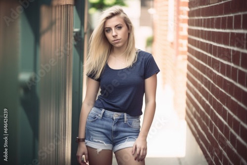 a young woman wearing denim shorts and a tshirt