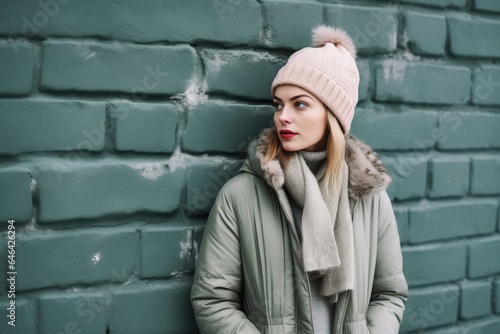 shot of a young woman in winter clothing posing against a wall