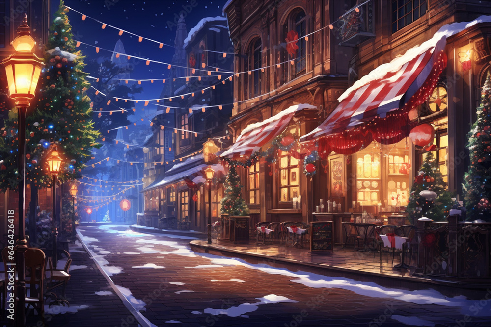 anime style background, a christmas market