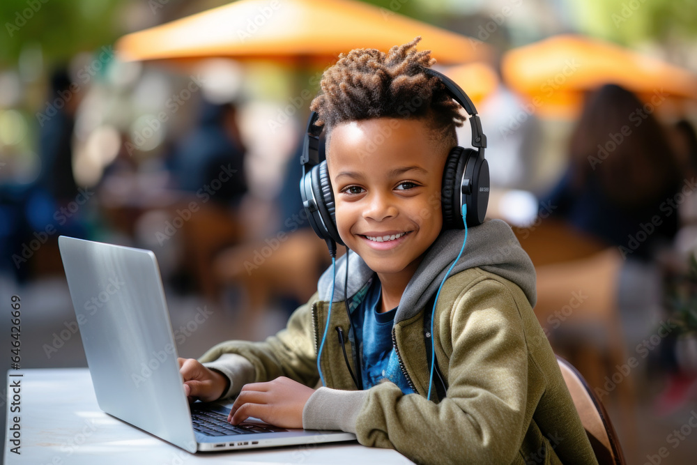 African Afro-american student smile using laptop online and headset African Afro-american student smile using laptop online and headset