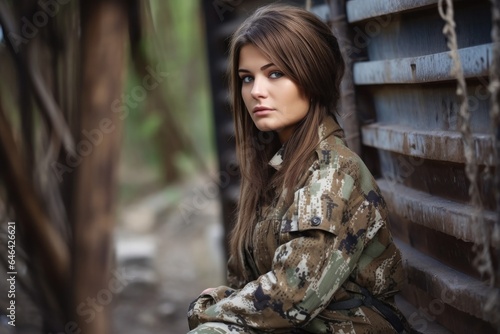 a beautiful young woman posing freely while wearing camouflage clothing