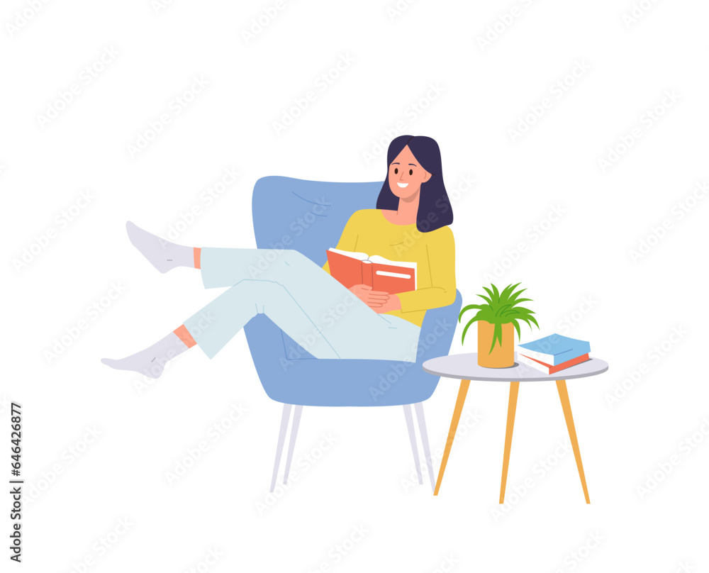 Happy young woman cartoon character reading book enjoying hobby sitting in armchair at home Happy young woman cartoon character reading book enjoying hobby sitting in armchair at home