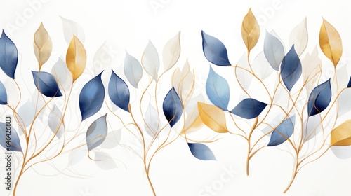 golden and blue tree leaves on white background  ornaments  creative design