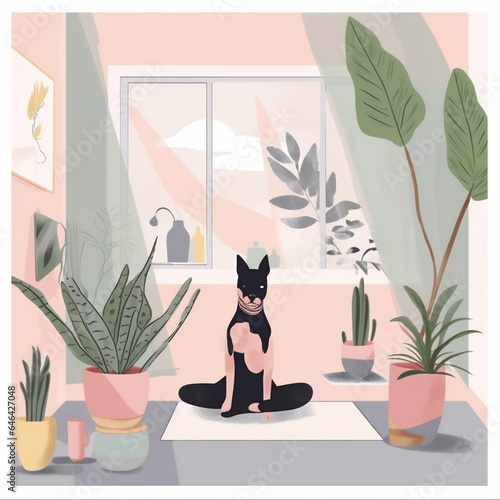 yoga dog woman cat sport fitness home cartoon training body lifestyle. Generative AI.