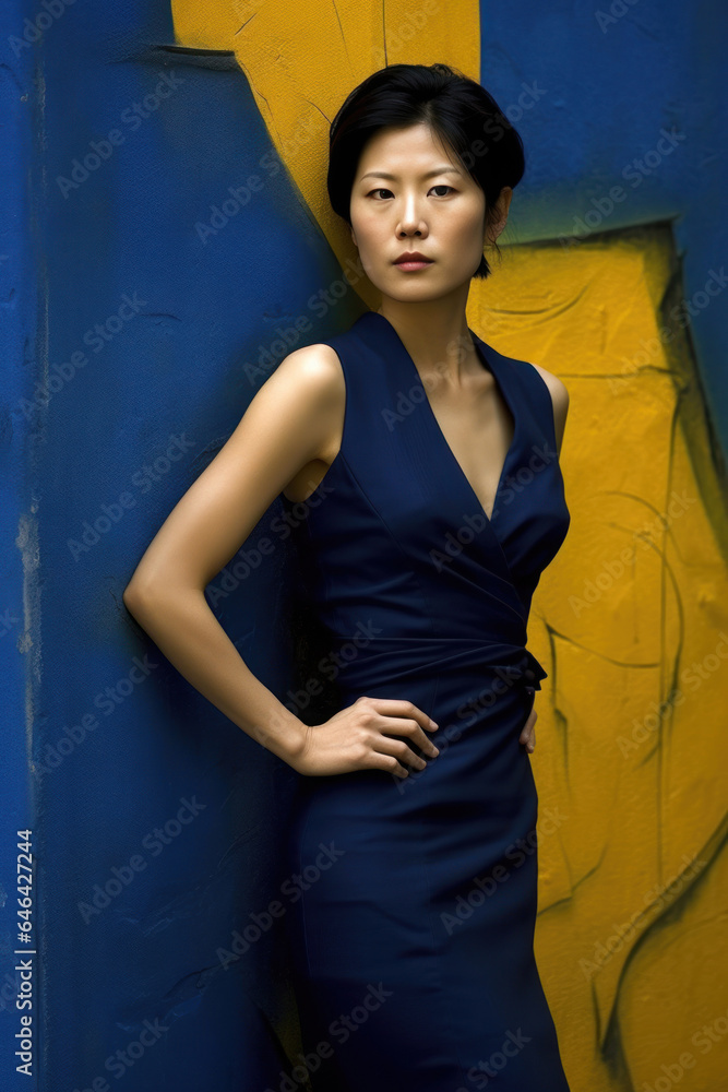 Fototapeta premium Fashionable asian woman in elegant blue dress stands over yellow blue wall