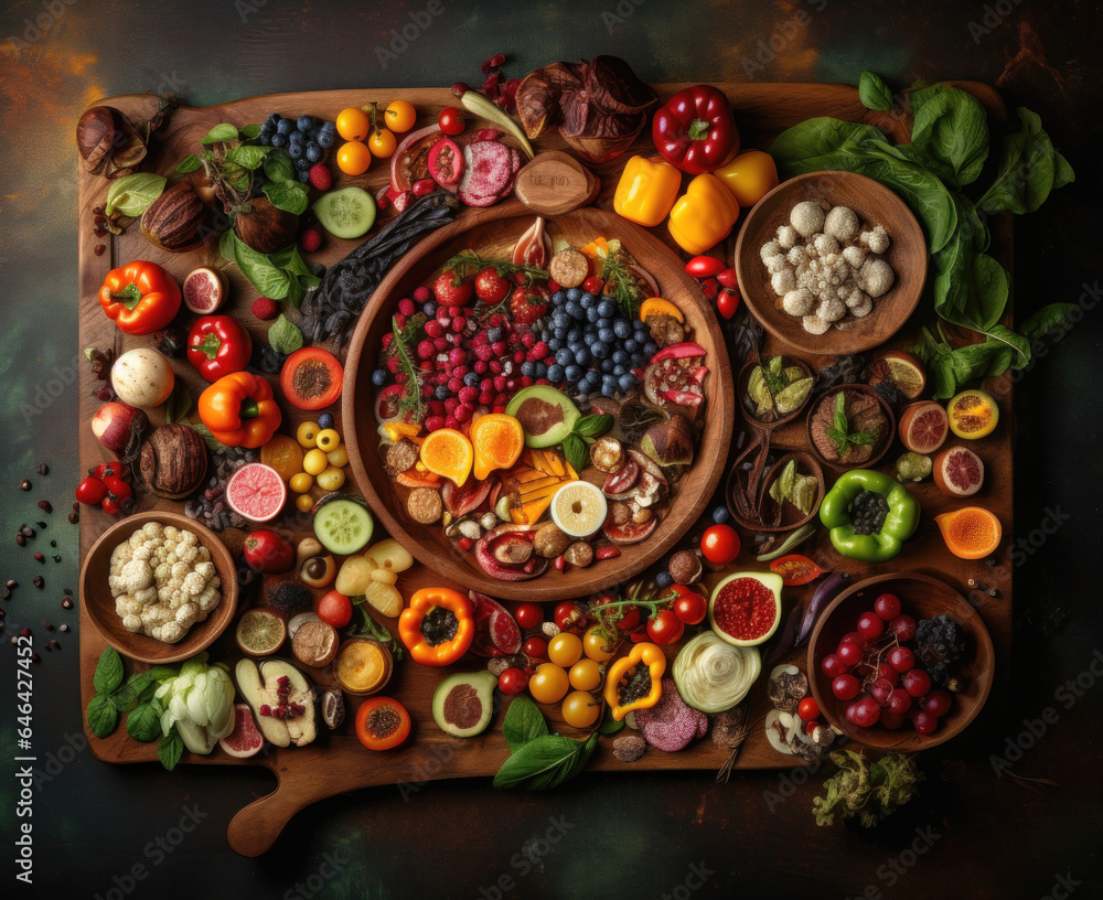 Top view of tray with fresh fruit, vegetables, herbs and spices