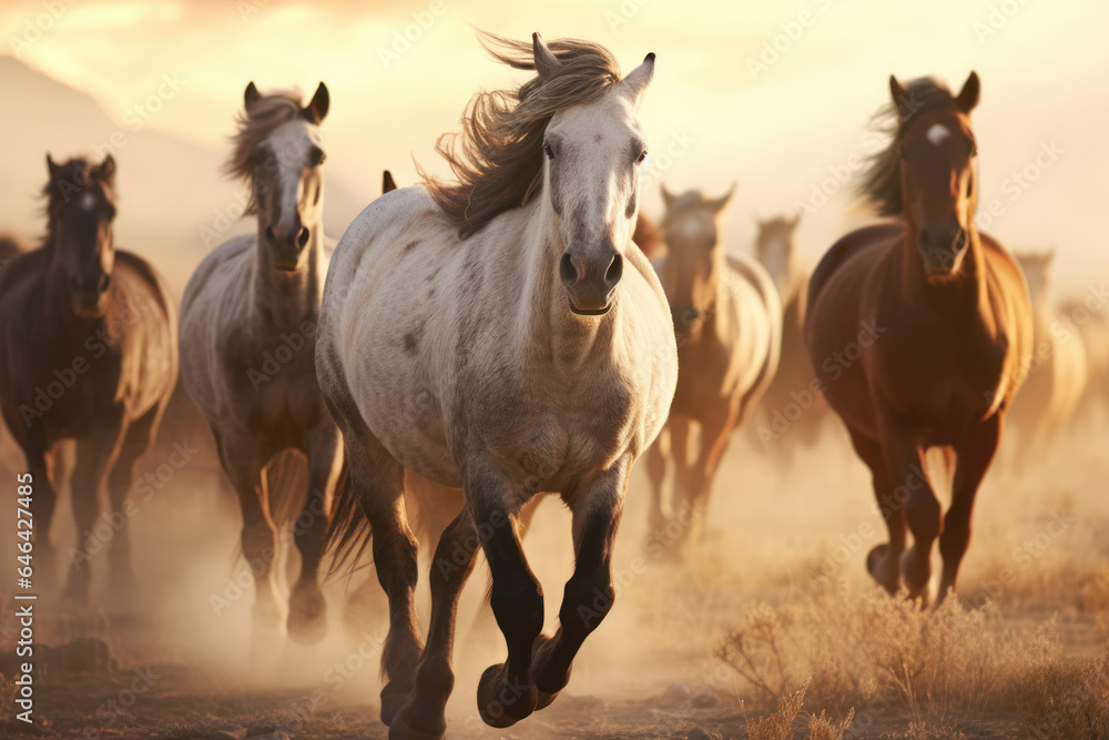 Herd of wild horses running together in a field at sunlight.
