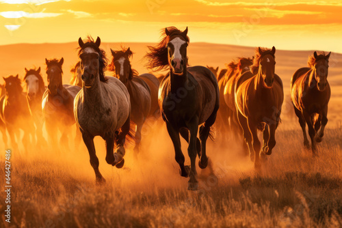 Herd of horses running together in a field at sunlight