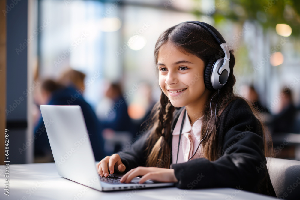 A latin girl student smile online learning using laptop and headset A latin girl student smile online learning using laptop and headset