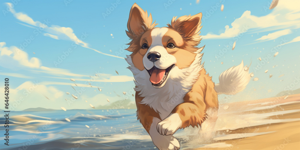 a funny dog ​​running on the beach, anime style