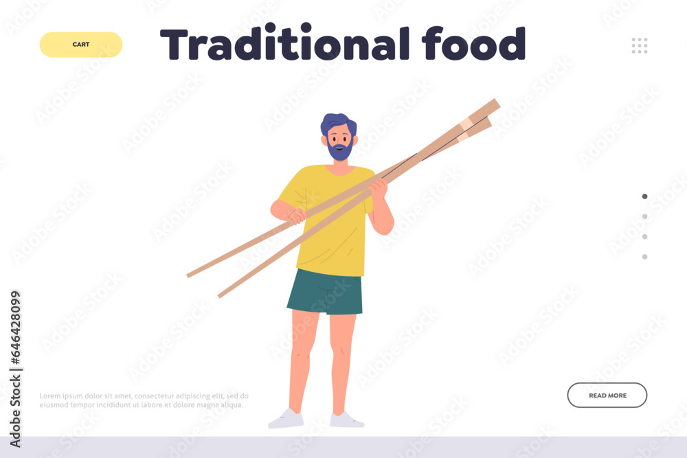 Traditional food landing page template with man character holding huge chopsticks in hand design Traditional food landing page template with man character holding huge chopsticks in hand design
