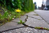 dandelion growth surrounded by weeds in pavement crack