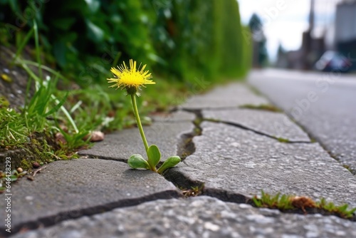 dandelion growth surrounded by weeds in pavement crack
