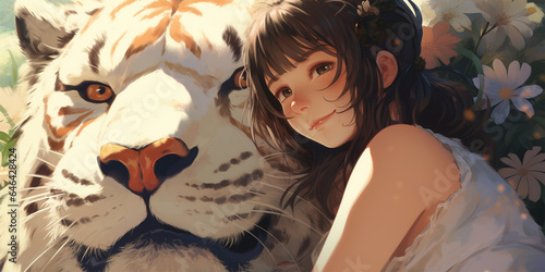 an anime style girl playing with a big cat