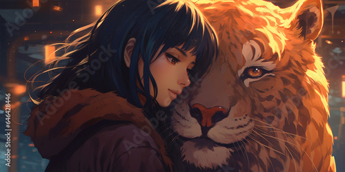 an anime style girl playing with a big cat