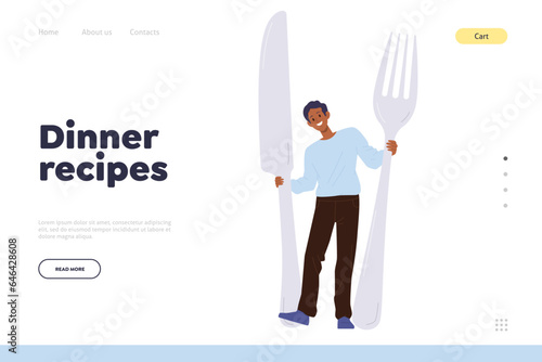 Landing page design website template offering dinner recipes and happy man holding knife and fork