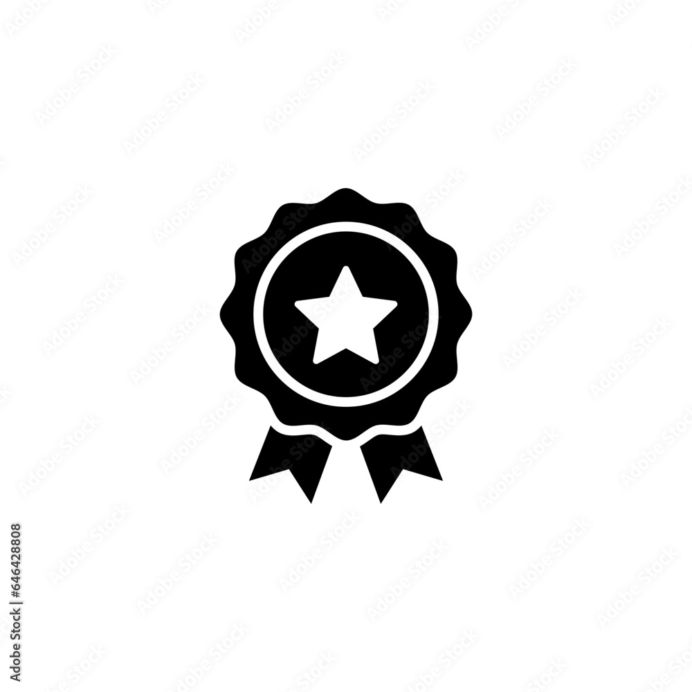 Rosette stamp icon. Simple solid style. Winner medal with star and ribbon, award, first place badge, best quality concept. Black silhouette, glyph symbol. Vector isolated on white background. SVG. Rosette stamp icon. Simple solid style. Winner medal with star and ribbon, award, first place badge, best quality concept. Black silhouette, glyph symbol. Vector isolated on white background. SVG.