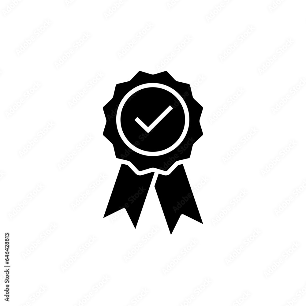 Rosette stamp icon. Simple solid style. Guarantee, warranty, certificate, medal with check mark, ribbon, quality concept. Black silhouette, glyph symbol. Vector isolated on white background. SVG. Rosette stamp icon. Simple solid style. Guarantee, warranty, certificate, medal with check mark, ribbon, quality concept. Black silhouette, glyph symbol. Vector isolated on white background. SVG.