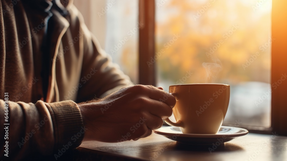 A person enjoys a hot cup of coffee in a cozy caf�, basking in the morning sunlight streaming through the window. A perfect scene of relaxation and comfort in an urban coffee shop. A person enjoys a hot cup of coffee in a cozy caf�, basking in the morning sunlight streaming through the window. A perfect scene of relaxation and comfort in an urban coffee shop.