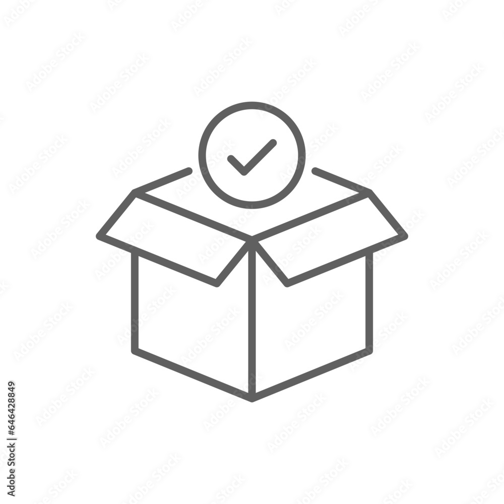 Box check icon. Simple outline style. Receive product, delivery package, open order, cardboard, bulk, unpack box concept. Thin line symbol. Vector isolated on white background. Editable stroke SVG. Box check icon. Simple outline style. Receive product, delivery package, open order, cardboard, bulk, unpack box concept. Thin line symbol. Vector isolated on white background. Editable stroke SVG.