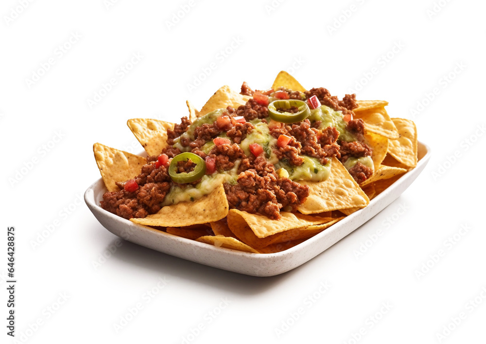 Plate with nachos with beef,jalapeno,cheese and sauce on white background.Macro.AI Generative Plate with nachos with beef,jalapeno,cheese and sauce on white background.Macro.AI Generative