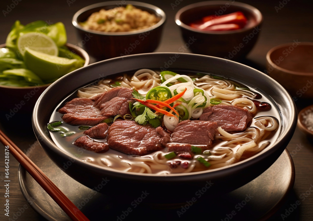 Pho bo soup with noodles,beef and vegetables on wooden table with chopsticks.Macro.AI Generative Pho bo soup with noodles,beef and vegetables on wooden table with chopsticks.Macro.AI Generative