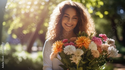A joyful woman smiling and holding a colorful bouquet of flowers in a lush garden. The sunlight filters through the trees, creating a serene and peaceful atmosphere. Her vibrant happiness shines amid