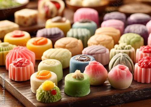 Traditional japanese wagashi sweets with various color and taste on table.Macro.AI Generative photo