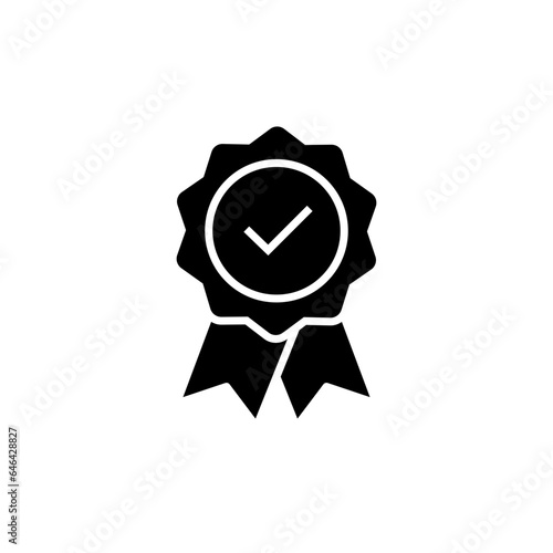 Rosette stamp icon. Simple solid style. Guarantee, warranty, certificate, medal with check mark, ribbon, quality concept. Black silhouette, glyph symbol. Vector isolated on white background. SVG.
