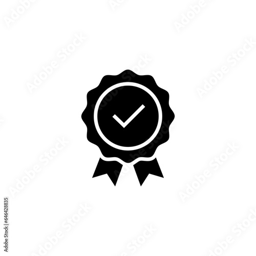 Rosette stamp icon. Simple solid style. Guarantee, warranty, certificate, medal with check mark, ribbon, quality concept. Black silhouette, glyph symbol. Vector isolated on white background. SVG.