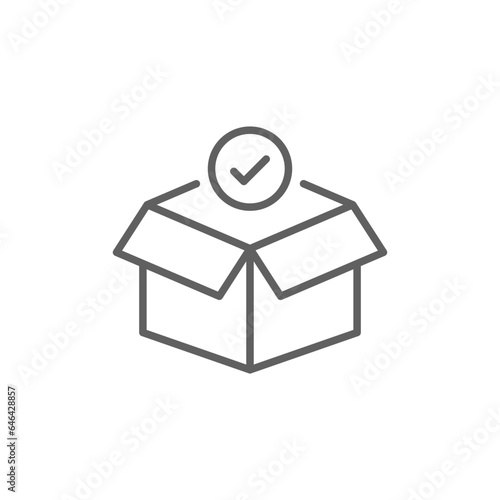 Box check icon. Simple outline style. Receive product, delivery package, open order, cardboard, bulk, unpack box concept. Thin line symbol. Vector isolated on white background. Editable stroke SVG.