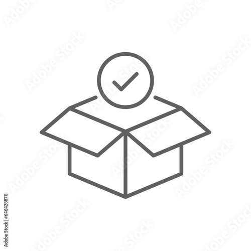 Box check icon. Simple outline style. Receive product, delivery package, open order, cardboard, bulk, unpack box concept. Thin line symbol. Vector isolated on white background. Editable stroke SVG.