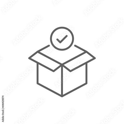 Box check icon. Simple outline style. Receive product, delivery package, open order, cardboard, bulk, unpack box concept. Thin line symbol. Vector isolated on white background. Editable stroke SVG.