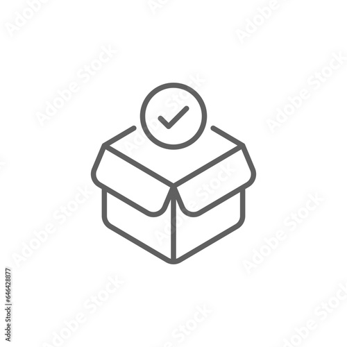 Box check icon. Simple outline style. Receive product, delivery package, open order, cardboard, bulk, unpack box concept. Thin line symbol. Vector isolated on white background. Editable stroke SVG.