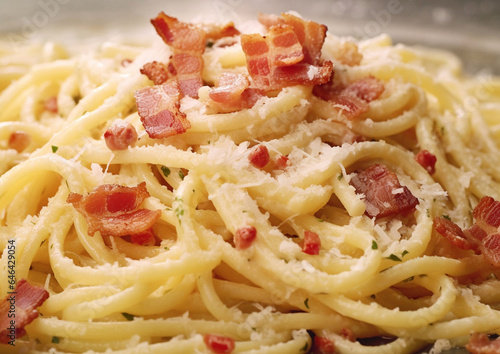 Close up of tasty pasta carbonara with cheese and bacon.Macro.AI Generative