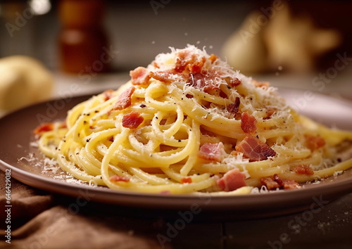 Pasta carbonara with bacon and cheese on table.Macro.AI Generative