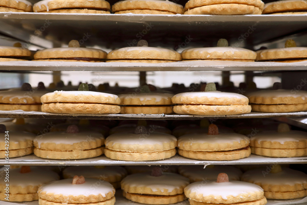 side on view of trays of freshly made jam tarts side on view of trays of freshly made jam tarts