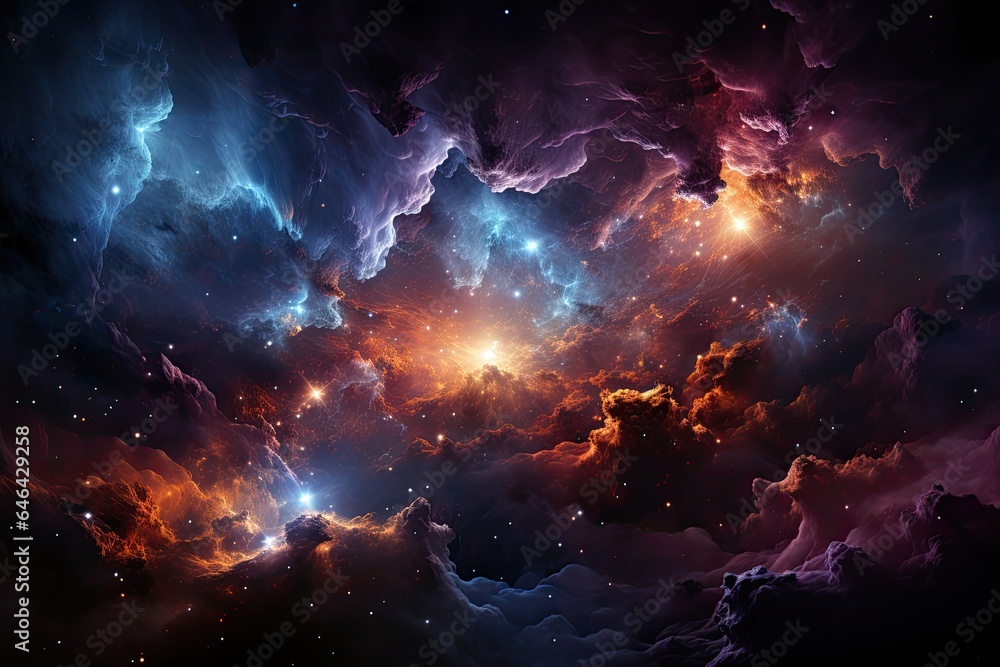 Colorful nebula involves dying star; Far galaxy shines., generative IA