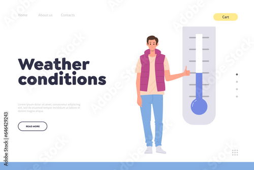 Weather condition concept for landing page with happy man holding good temperature at home design