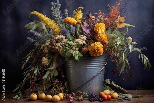 Wallpaper Mural galvanized bucket with fall flowers and foliage Torontodigital.ca