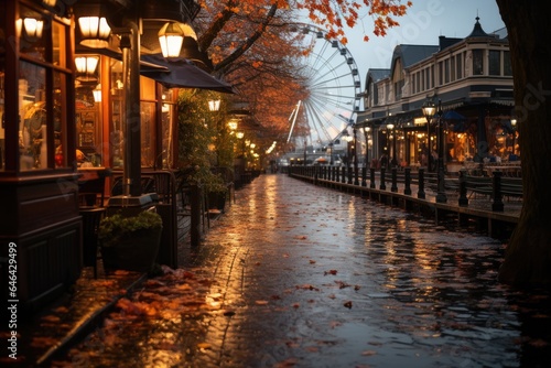 Giant wheel, historical buildings and colored boats reflected in calm waters, capturing the tourist essence., generative IA