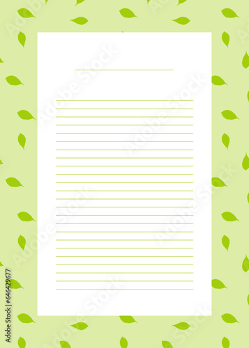 Note template page with lines, natural background, leaves decor, green tones, herbs decor