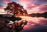 Serene Dawn: Colorful sky, silhouette trees and golden reflexes in a lake., generative IA